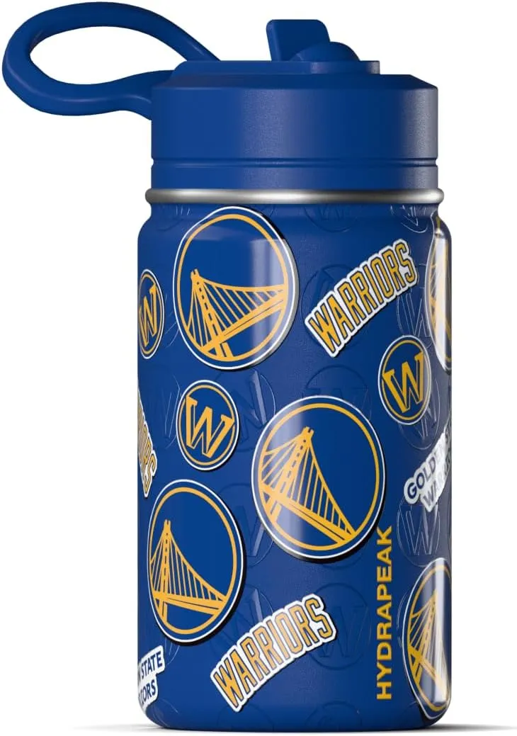 Hydrapeak x NBA Officially Licensed Golden State Warriors 14oz Mini Kids Water Bottle with Straw Lid and Handle Reusable Stainless Steel Double Wall Insulated Spill Proof Sports Gift for Boys Girls