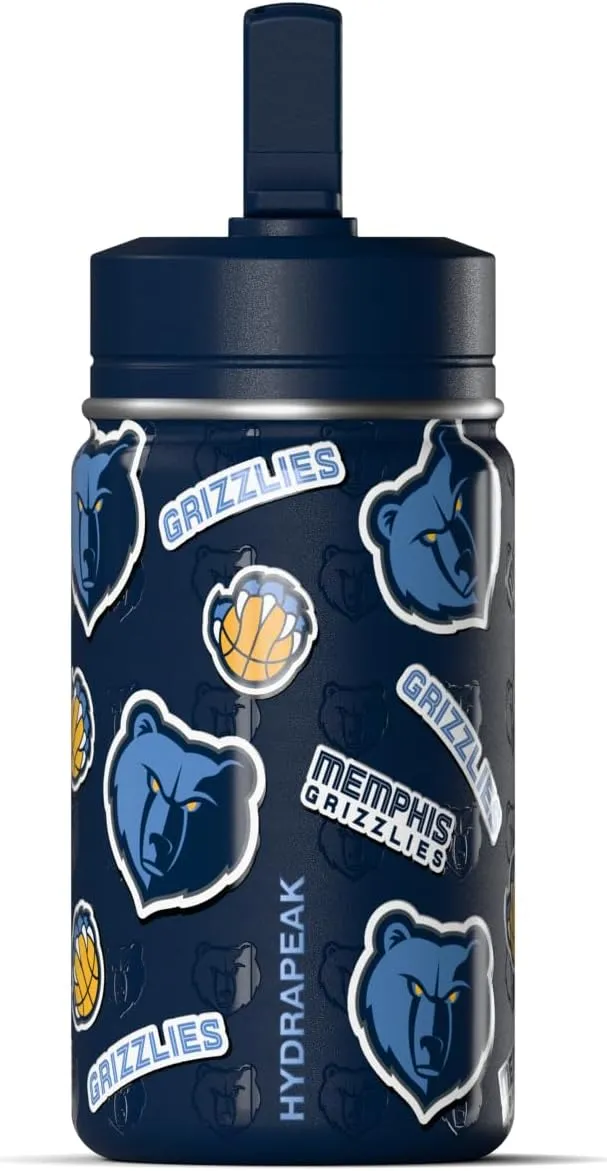 Hydrapeak x NBA Officially Licensed Memphis Grizzlies 14oz Mini Kids Water Bottle with Straw Lid and Handle Reusable Stainless Steel Double Wall Insulated Spill Proof Sports Gift for Boys Girls