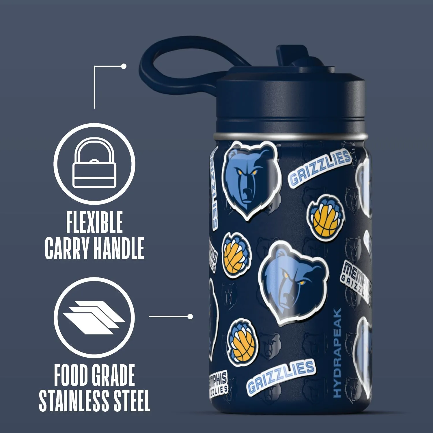 Hydrapeak x NBA Officially Licensed Memphis Grizzlies 14oz Mini Kids Water Bottle with Straw Lid and Handle Reusable Stainless Steel Double Wall Insulated Spill Proof Sports Gift for Boys Girls