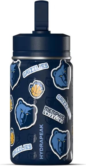 Hydrapeak x NBA Officially Licensed Memphis Grizzlies 14oz Mini Kids Water Bottle with Straw Lid and Handle Reusable Stainless Steel Double Wall Insulated Spill Proof Sports Gift for Boys Girls