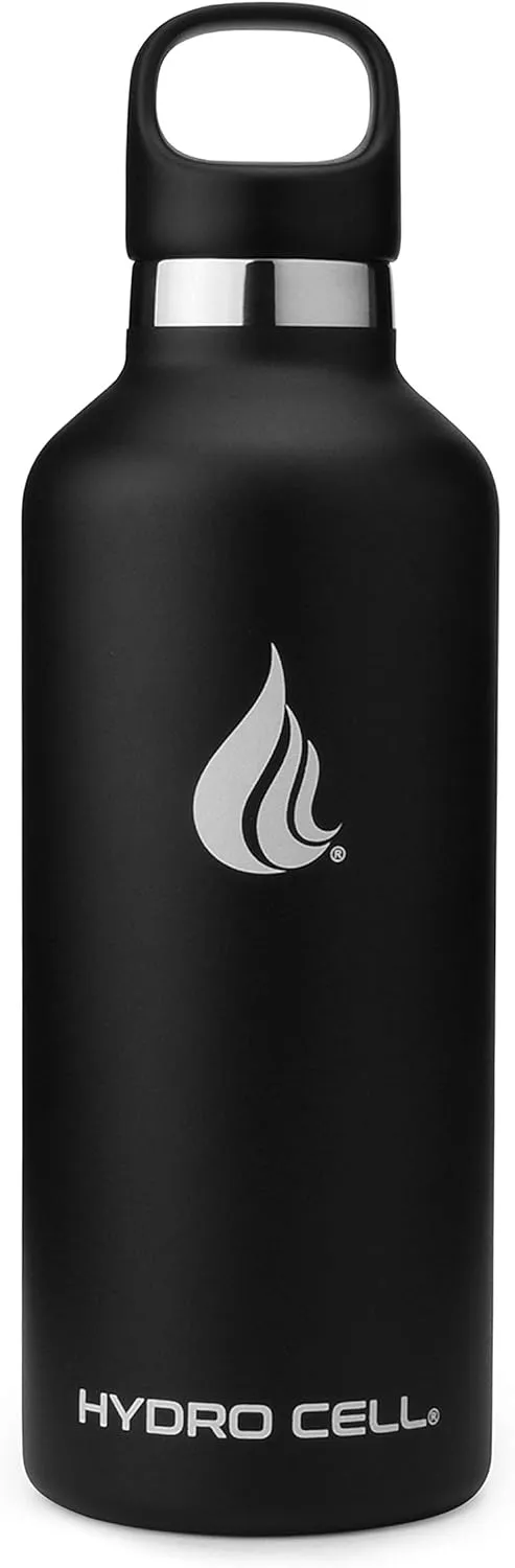 HYDRO CELL Stainless Steel Water Bottle with Straw & 2 Standard Mouth Lids (32oz 24oz 20oz 16oz) Keeps Liquids Hot or Cold w/Double Wall Vacuum Insulated Leak Proof Sport Design (Black 32oz)