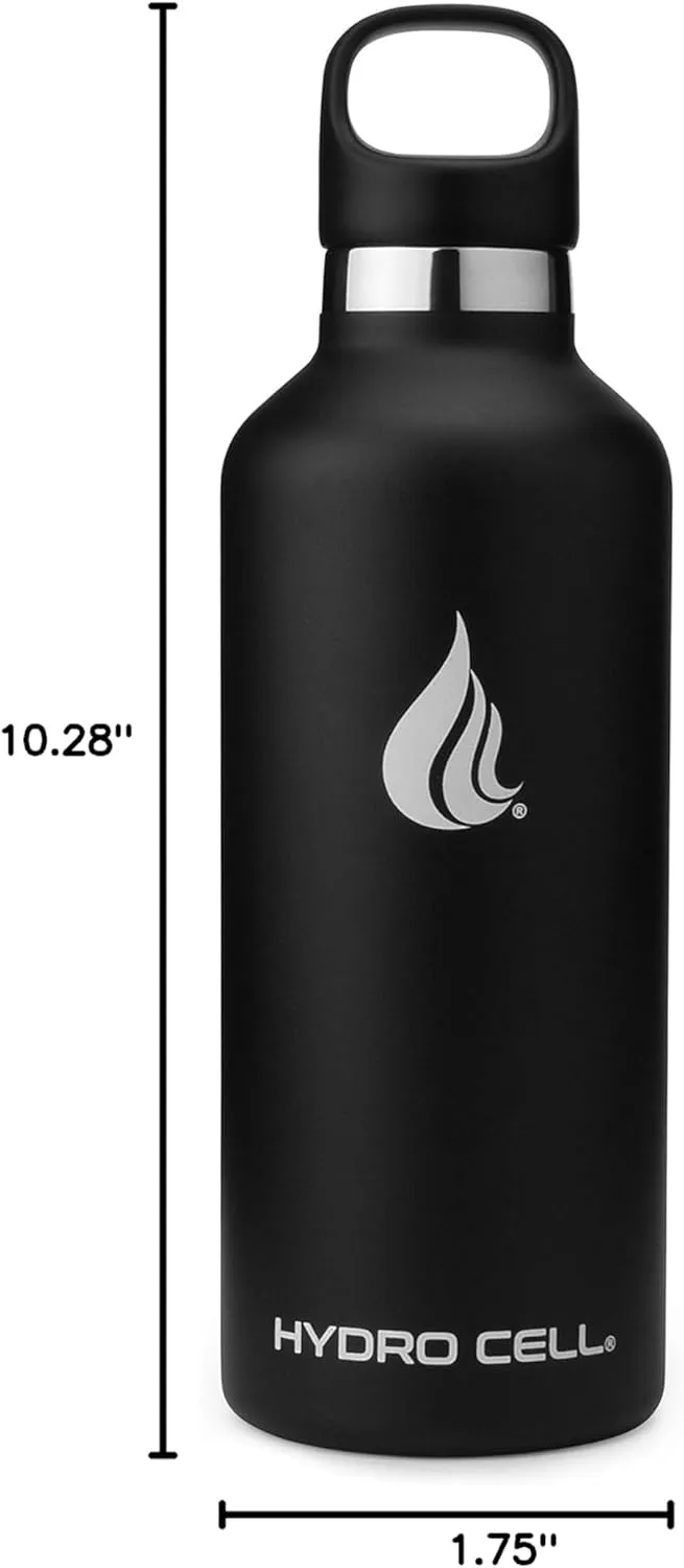 HYDRO CELL Stainless Steel Water Bottle with Straw & 2 Standard Mouth Lids (32oz 24oz 20oz 16oz) Keeps Liquids Hot or Cold w/Double Wall Vacuum Insulated Leak Proof Sport Design (Black 32oz)
