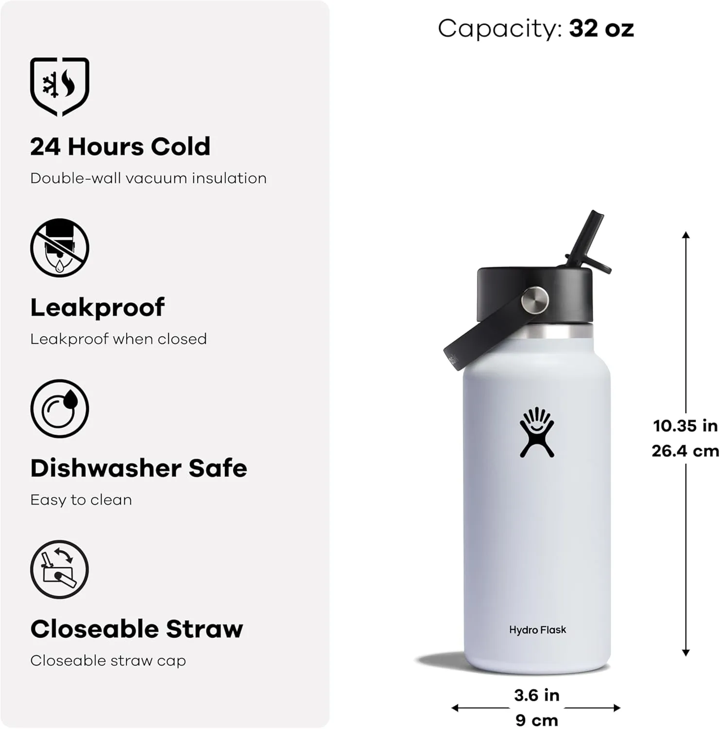 Hydro Flask Water Bottle - Insulated Stainless Steel - Wide Straw Lid, Non Spill, Leakproof in 32 Oz Fossil Brown