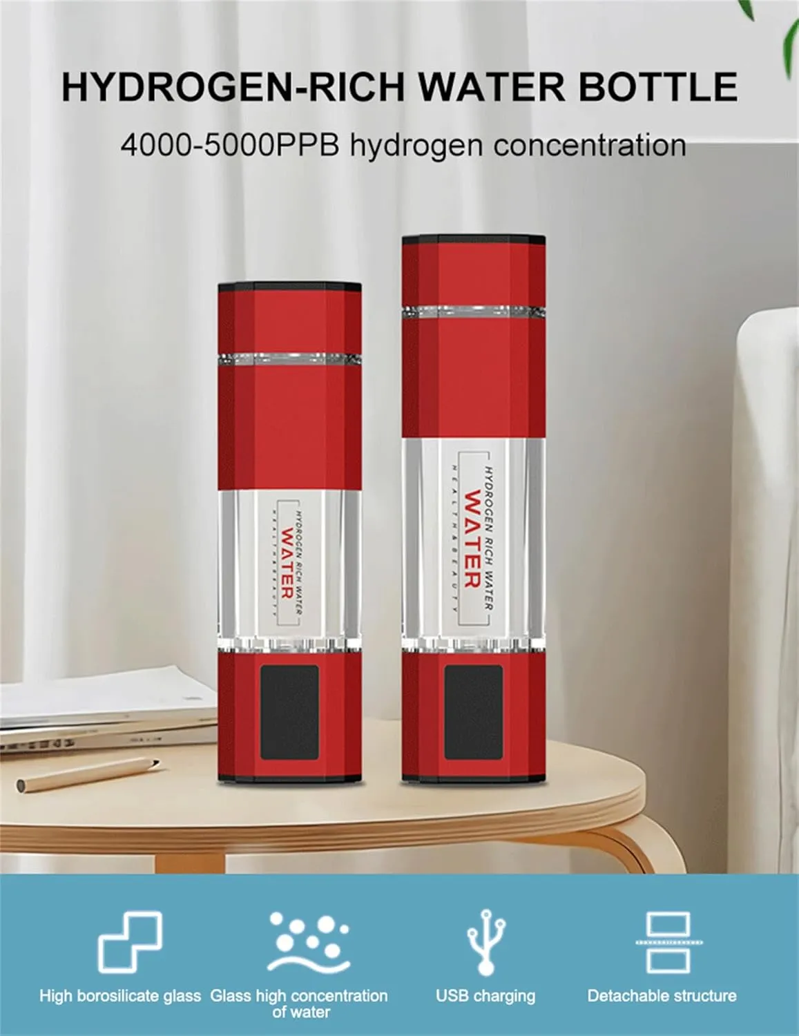Hydrogen Water Bottle Generator 2024, Concentration Up to 5000PPB Portable Hydrogen Water Maker Machine, PEM Membrane & SPE Technology Ionizer, Type-C Recharge