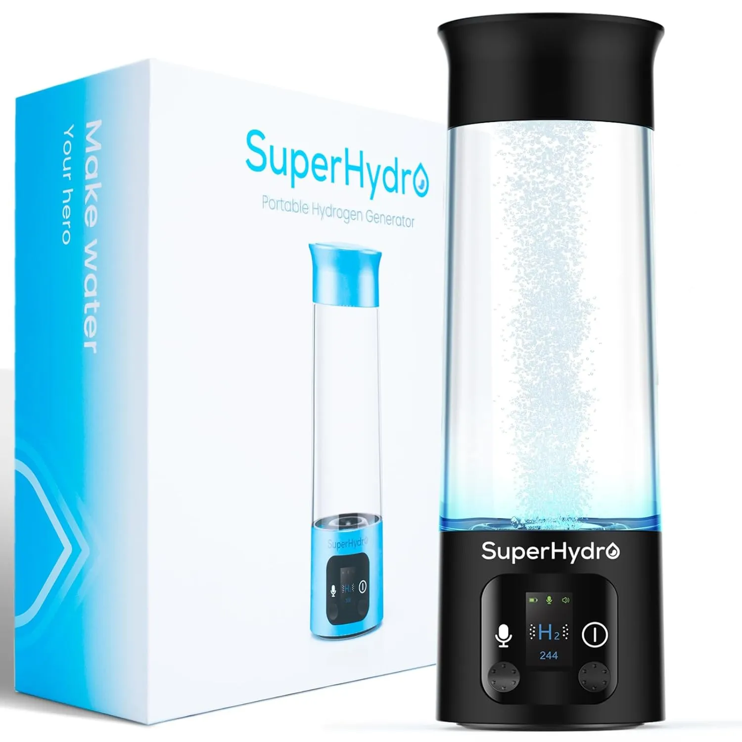 Hydrogen Water Bottle Generator - Up to 6000  PPB Concentration - SPE/PEM Technology - Drink Water Voice Reminder - Water Ionizer Machine Suitable for Office,Travel and Daily Drinking（Black）