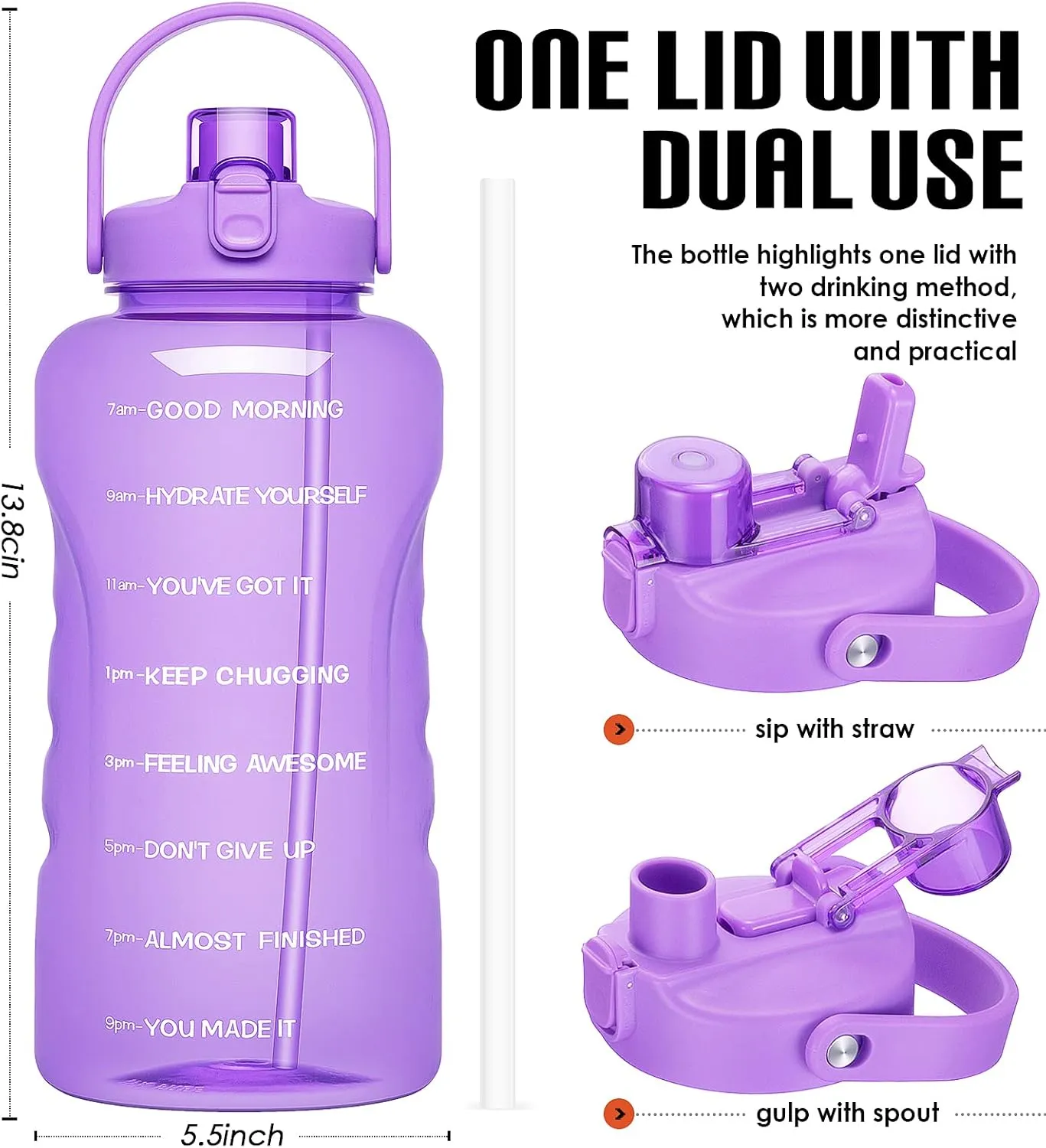 HydroPal 1 Gallon Water Bottles with Straw, 128 oz / 3.8L Water Bottle BPA Free Innovative 2-IN-1 Lid Gym Bottle with Times to Drink Motivational, Large for Sports Fitness Camping Water Jug One Gallon