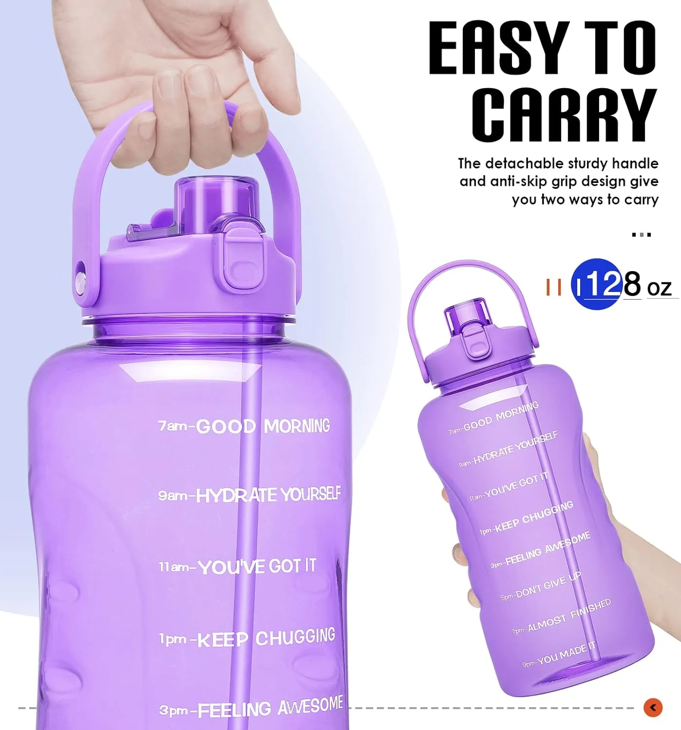 HydroPal 1 Gallon Water Bottles with Straw, 128 oz / 3.8L Water Bottle BPA Free Innovative 2-IN-1 Lid Gym Bottle with Times to Drink Motivational, Large for Sports Fitness Camping Water Jug One Gallon
