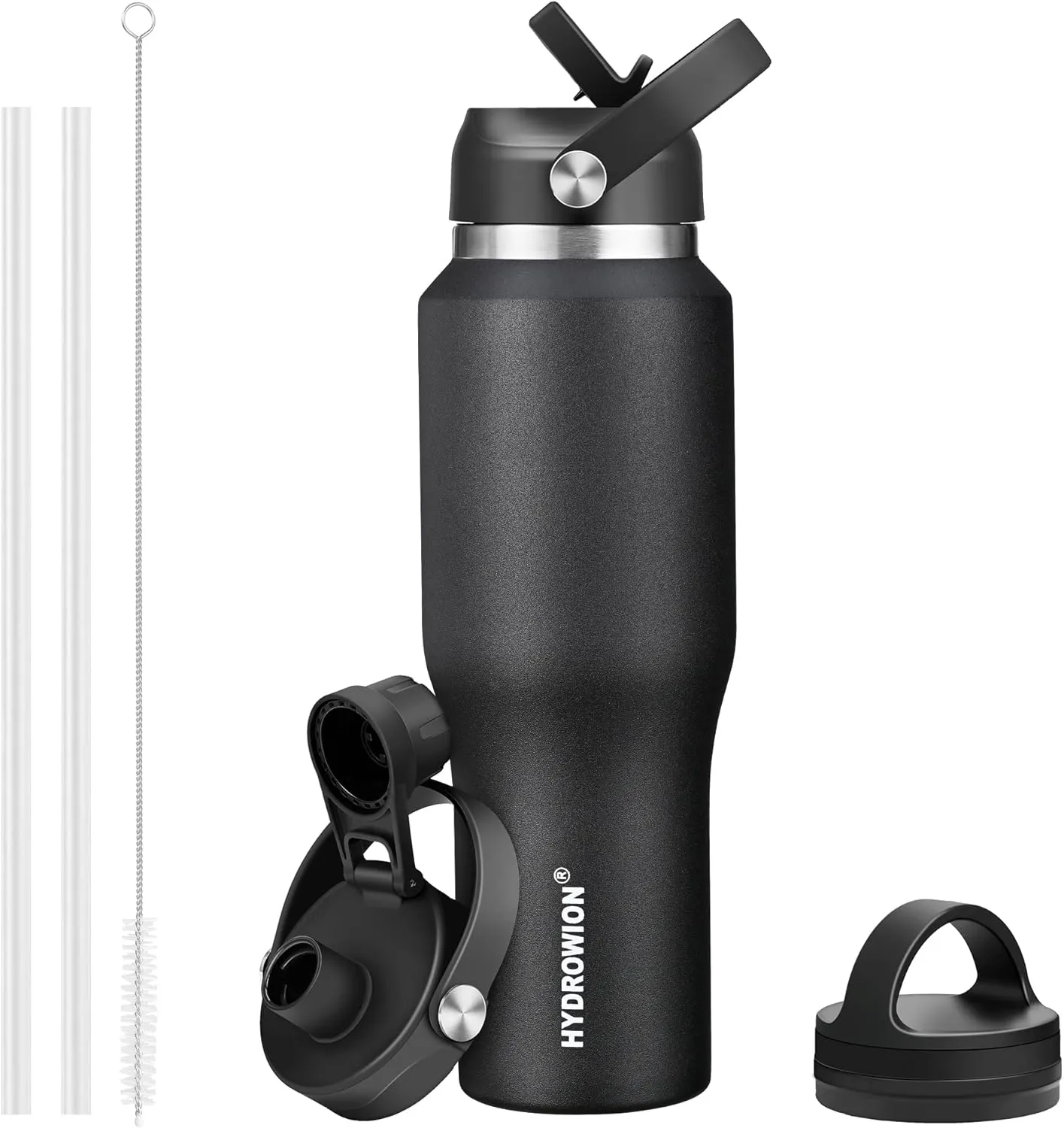 HYDROWION 32oz Stainless Steel Water Bottle(Cold for 48 Hrs, Hot for 24 Hrs),Double Wall Vacuum Insulated Water Bottle with Straw Lid, Spout Lid and Flex Cap, Fit in Any Car Cup Holder,Black