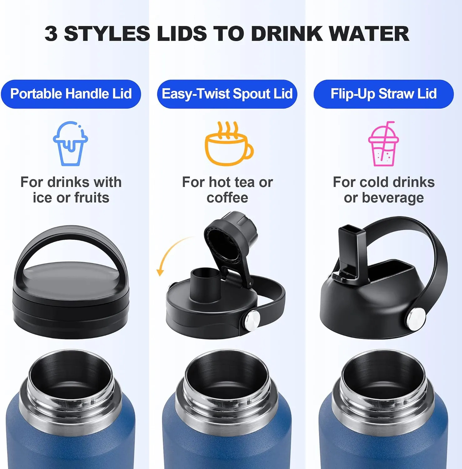 HYDROWION 32oz Stainless Steel Water Bottle(Cold for 48 Hrs, Hot for 24 Hrs),Double Wall Vacuum Insulated Water Bottle with Straw Lid, Spout Lid and Flex Cap, Fit in Any Car Cup Holder,Black