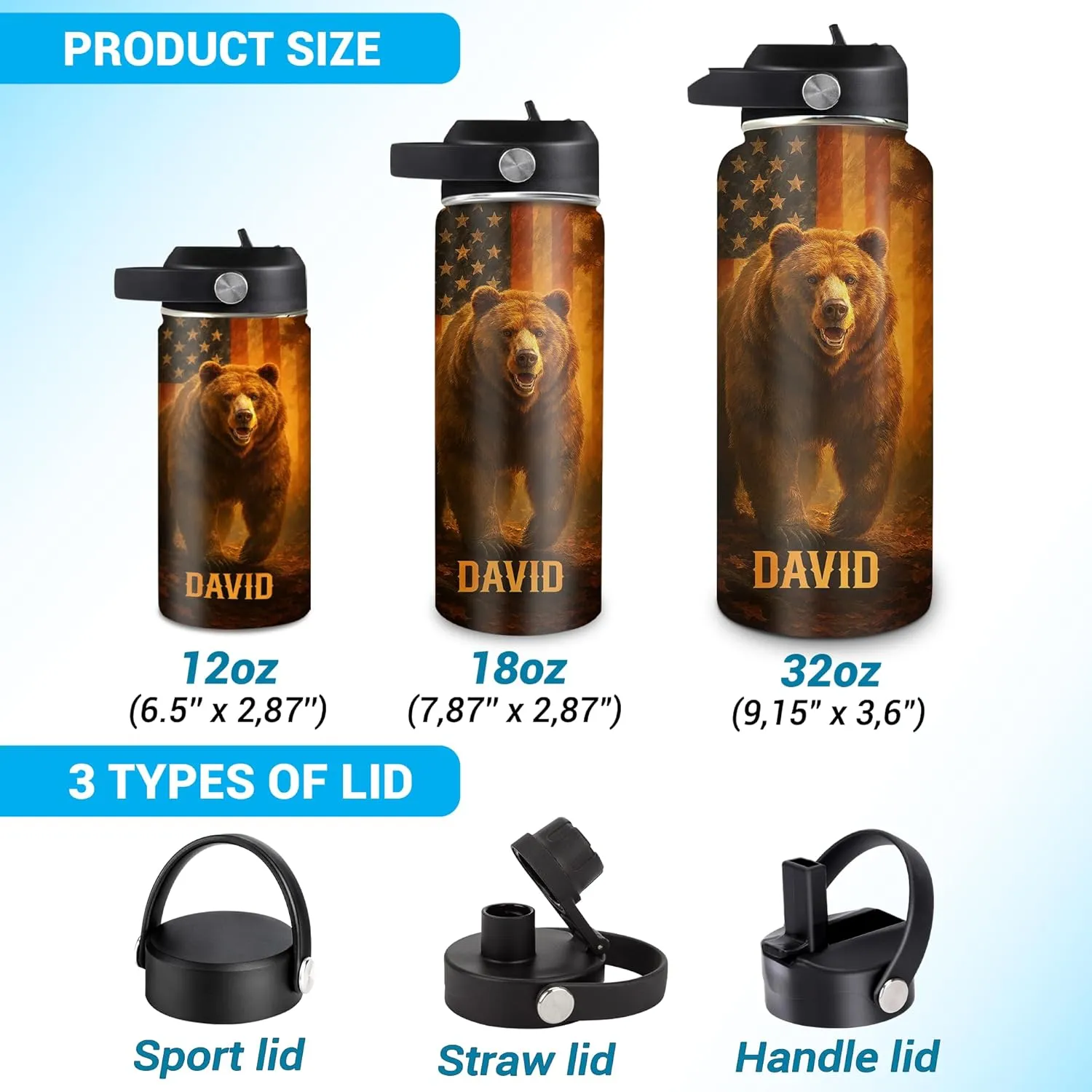 Hyturtle Personalized Dad Water Bottle - Gifts for Dad from Daughter Son - Custom Name Insulated Stainless Steel Bottle with Leak-Proof Lid 18 oz 32 oz - Dad Gifts for Birthday Christmas Fathers Day