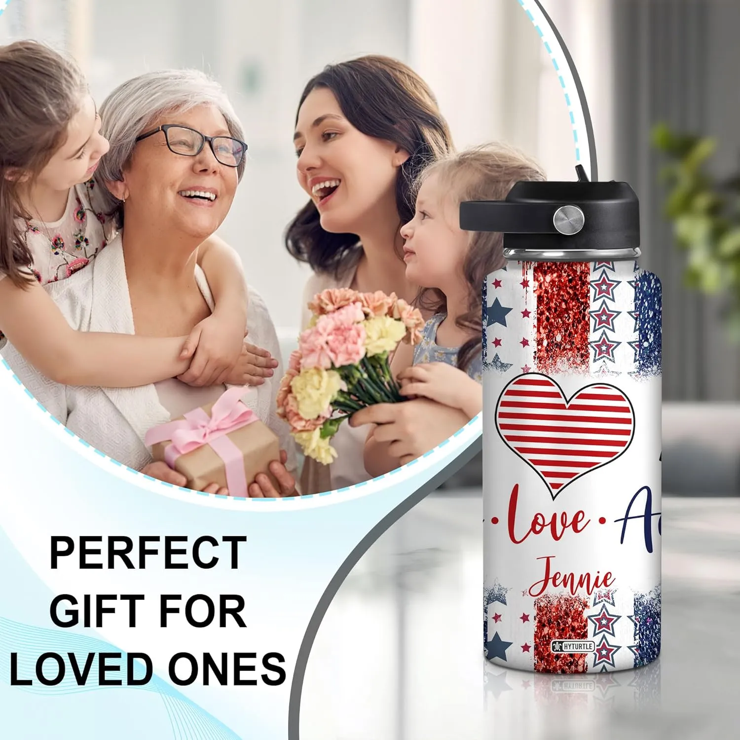 Hyturtle Personalized Gifts For 4th Of July With US Flag Prints Custom Name Stainless Steel Water Bottle 12oz 18oz 32oz Stainless Steel Bottle With Straw Lid