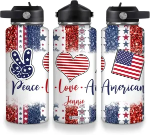 Hyturtle Personalized Gifts For 4th Of July With US Flag Prints Custom Name Stainless Steel Water Bottle 12oz 18oz 32oz Stainless Steel Bottle With Straw Lid