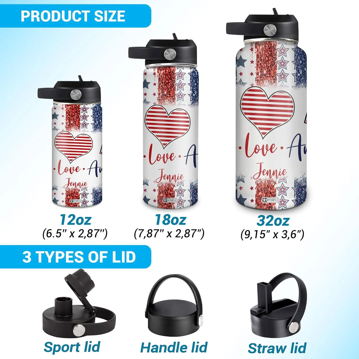 Hyturtle Personalized Gifts For 4th Of July With US Flag Prints Custom Name Stainless Steel Water Bottle 12oz 18oz 32oz Stainless Steel Bottle With Straw Lid