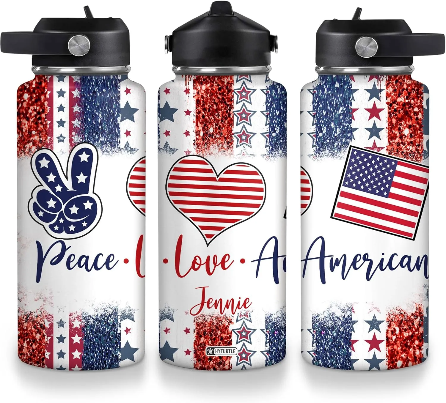 Hyturtle Personalized Gifts For 4th Of July With US Flag Prints Custom Name Stainless Steel Water Bottle 12oz 18oz 32oz Stainless Steel Bottle With Straw Lid