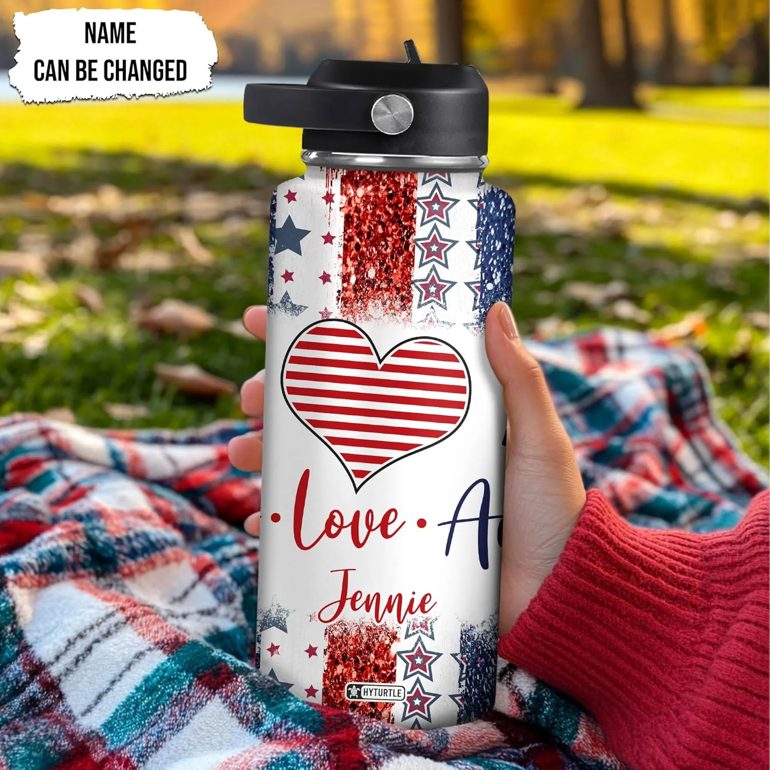 Hyturtle Personalized Gifts For 4th Of July With US Flag Prints Custom Name Stainless Steel Water Bottle 12oz 18oz 32oz Stainless Steel Bottle With Straw Lid
