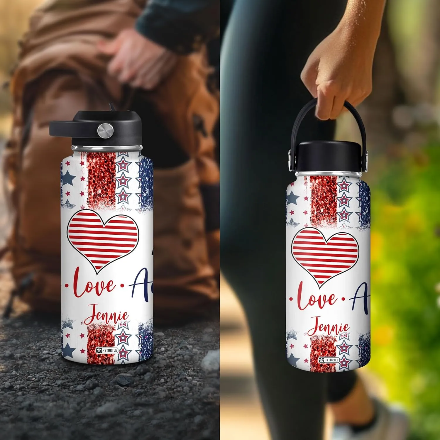 Hyturtle Personalized Gifts For 4th Of July With US Flag Prints Custom Name Stainless Steel Water Bottle 12oz 18oz 32oz Stainless Steel Bottle With Straw Lid