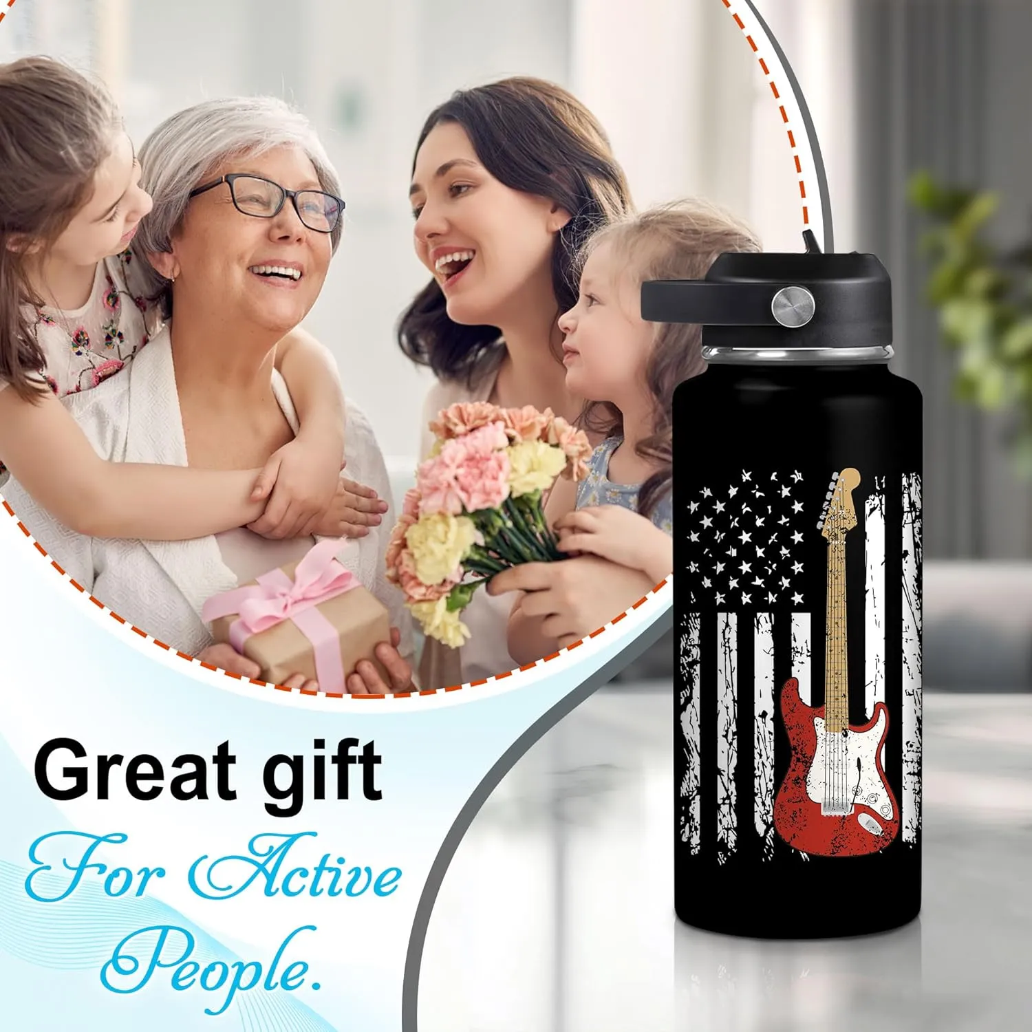 Hyturtle Personalized Guitar Water Bottle - Insulated Stainless Steel Bottle with Leak-Proof Lid 18oz 32oz - Music Lover Gift for Women Men Guitar Lovers - Acoustic & Electric Guitar Gift for Birthday
