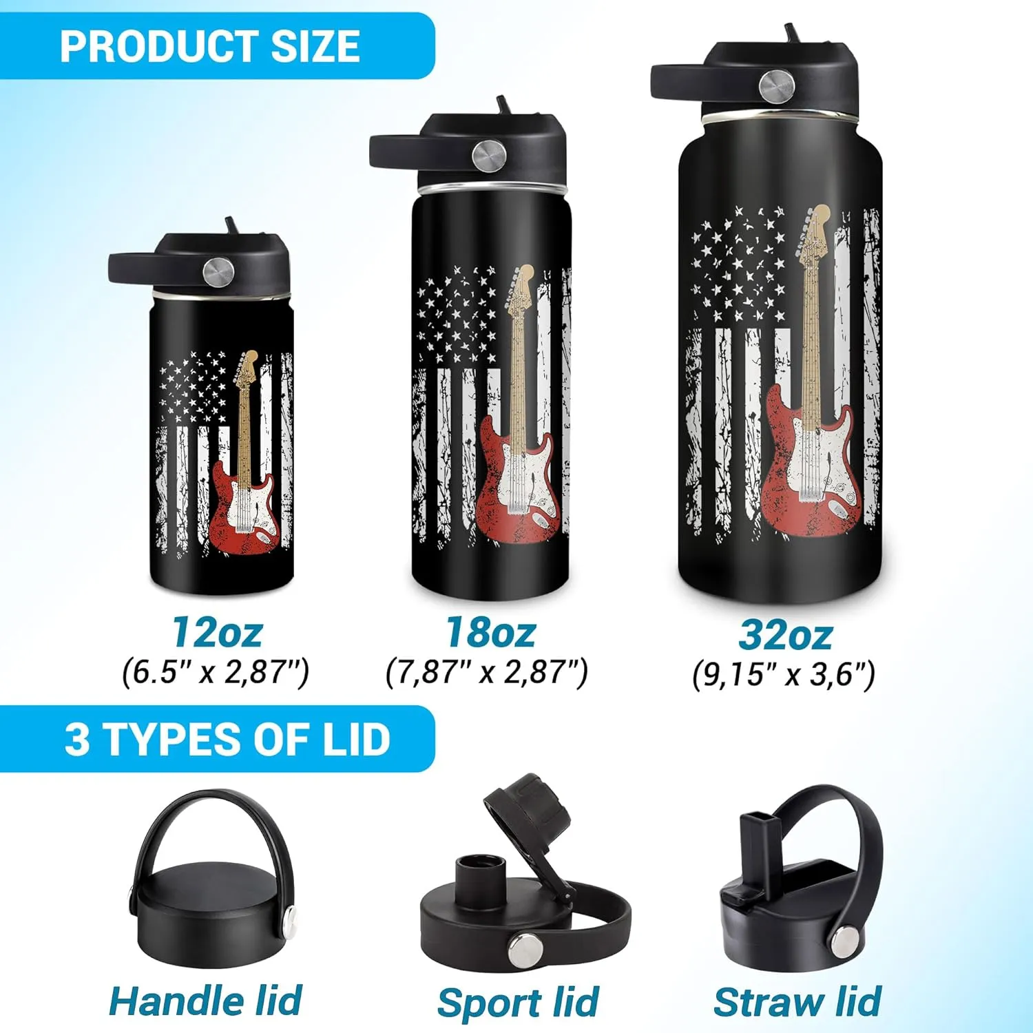Hyturtle Personalized Guitar Water Bottle - Insulated Stainless Steel Bottle with Leak-Proof Lid 18oz 32oz - Music Lover Gift for Women Men Guitar Lovers - Acoustic & Electric Guitar Gift for Birthday
