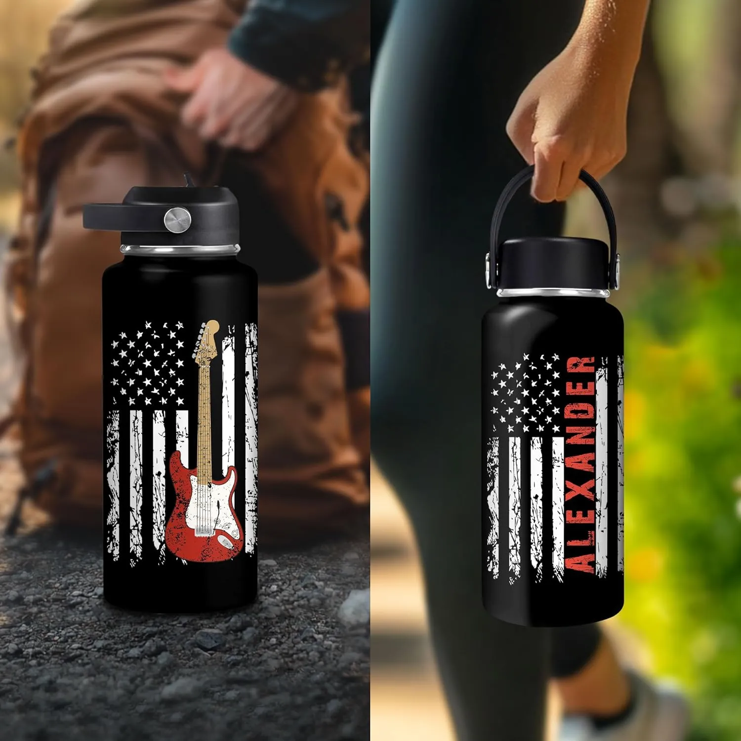 Hyturtle Personalized Guitar Water Bottle - Insulated Stainless Steel Bottle with Leak-Proof Lid 18oz 32oz - Music Lover Gift for Women Men Guitar Lovers - Acoustic & Electric Guitar Gift for Birthday