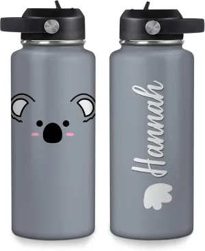 Hyturtle Personalized Koala Water Bottle Stainless Steel Insulated Travel Cup Sports Bottle 12oz 18oz 32oz Gifts for Animal Kaola Lovers Women Kids