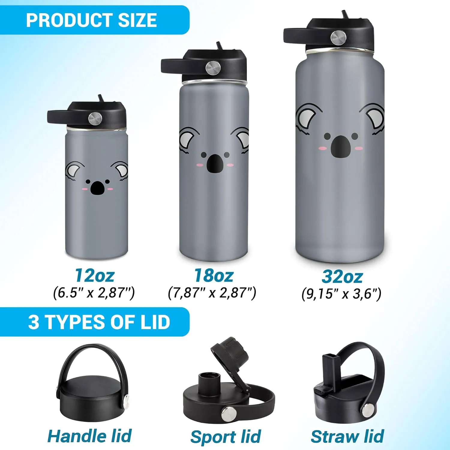 Hyturtle Personalized Koala Water Bottle Stainless Steel Insulated Travel Cup Sports Bottle 12oz 18oz 32oz Gifts for Animal Kaola Lovers Women Kids