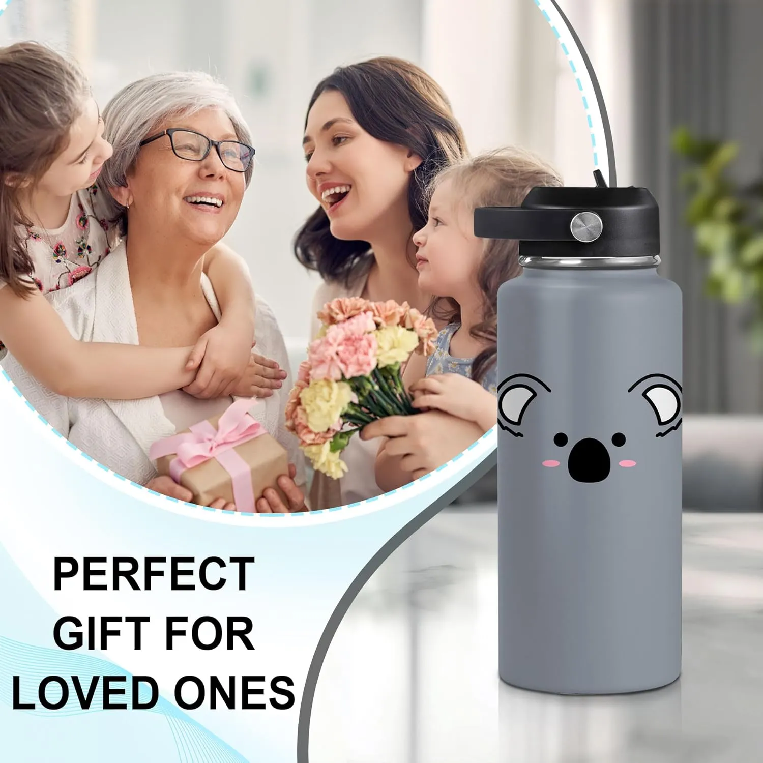 Hyturtle Personalized Koala Water Bottle Stainless Steel Insulated Travel Cup Sports Bottle 12oz 18oz 32oz Gifts for Animal Kaola Lovers Women Kids