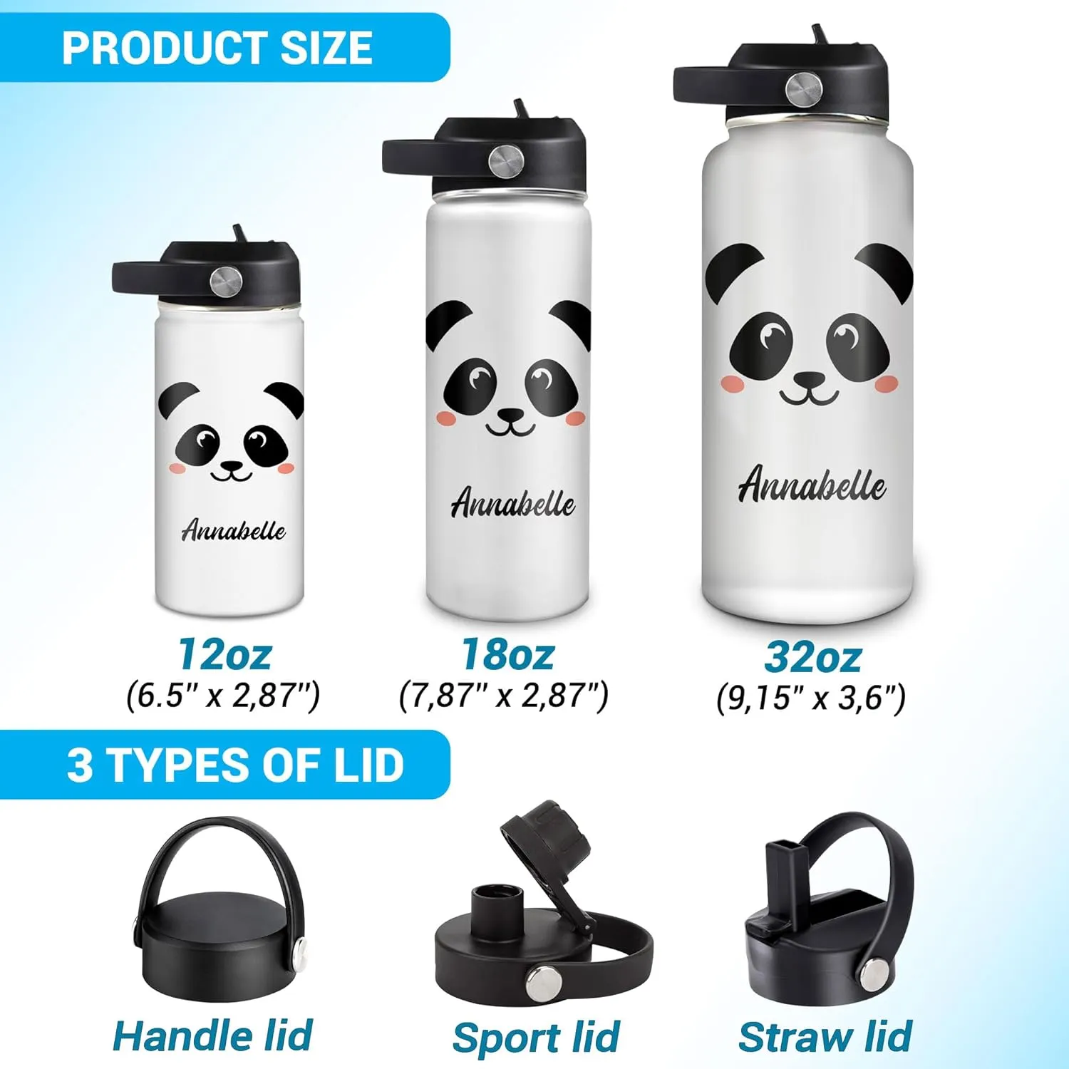 Hyturtle Personalized Panda Water Bottle - Travel Insulated Stainless Steel Bottle with Leak-Proof Lid 32oz - Jewelry Drawings Style Panda Gift for Women Animal Lovers On Birthday Christmas