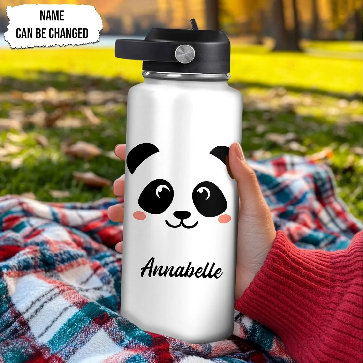 Hyturtle Personalized Panda Water Bottle - Travel Insulated Stainless Steel Bottle with Leak-Proof Lid 32oz - Jewelry Drawings Style Panda Gift for Women Animal Lovers On Birthday Christmas
