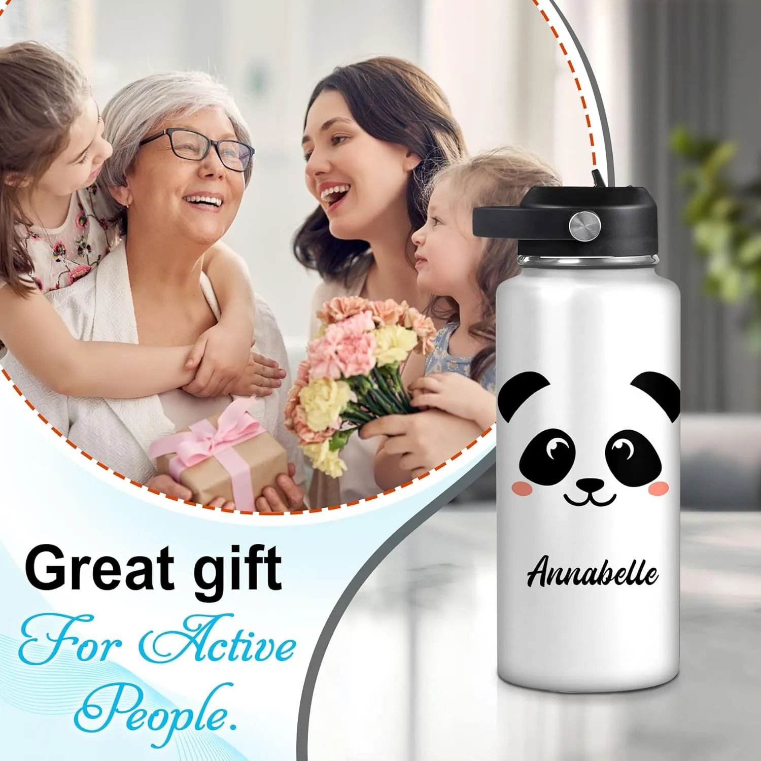 Hyturtle Personalized Panda Water Bottle - Travel Insulated Stainless Steel Bottle with Leak-Proof Lid 32oz - Jewelry Drawings Style Panda Gift for Women Animal Lovers On Birthday Christmas