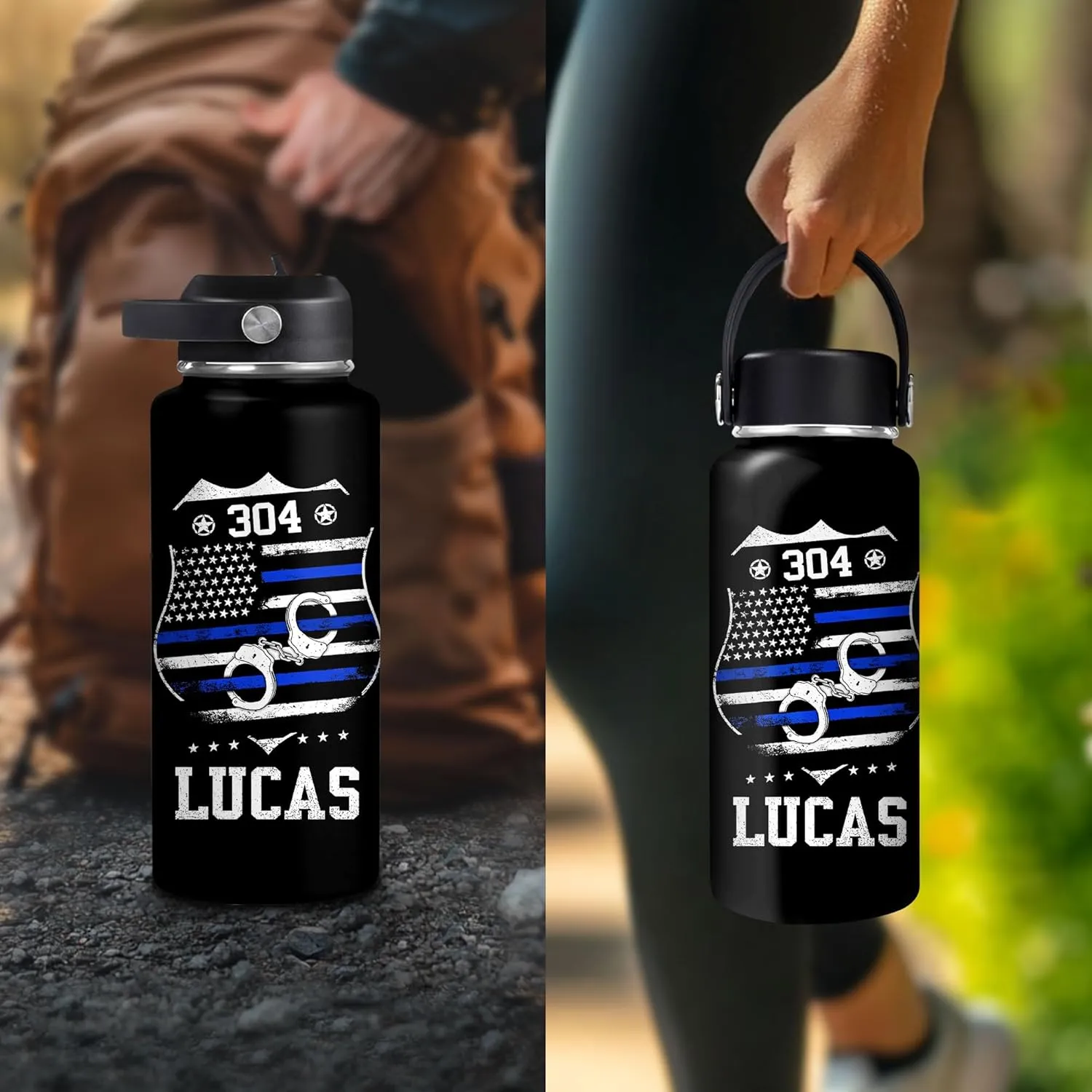 Hyturtle Personalized Police Water Bottle - Insulated Stainless Steel Bottle with Leak-Proof Lid 18 oz 32 oz, Thin Blue Line Flag Gift for Cops, Police Academy Graduation Gifts On Birthday Christmas