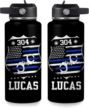Hyturtle Personalized Police Water Bottle - Insulated Stainless Steel Bottle with Leak-Proof Lid 18 oz 32 oz, Thin Blue Line Flag Gift for Cops, Police Academy Graduation Gifts On Birthday Christmas