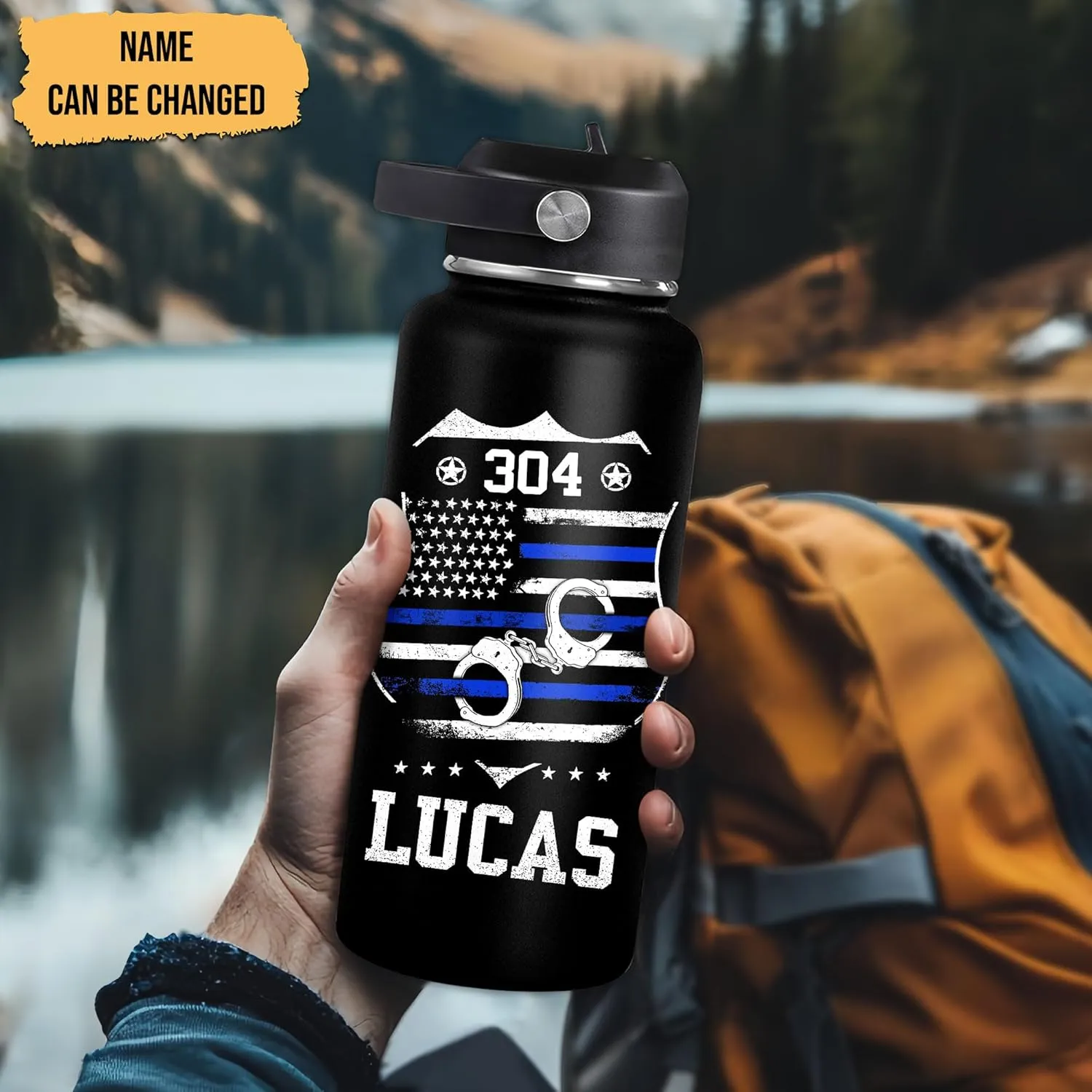 Hyturtle Personalized Police Water Bottle - Insulated Stainless Steel Bottle with Leak-Proof Lid 18 oz 32 oz, Thin Blue Line Flag Gift for Cops, Police Academy Graduation Gifts On Birthday Christmas