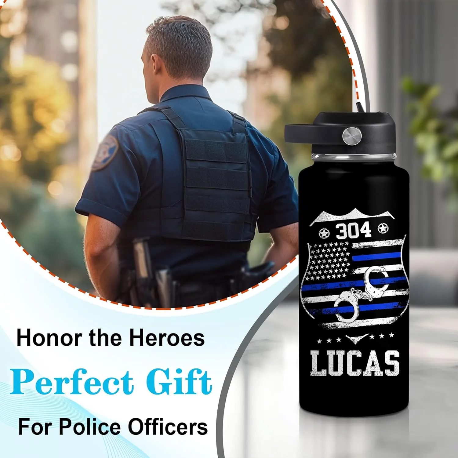 Hyturtle Personalized Police Water Bottle - Insulated Stainless Steel Bottle with Leak-Proof Lid 18 oz 32 oz, Thin Blue Line Flag Gift for Cops, Police Academy Graduation Gifts On Birthday Christmas
