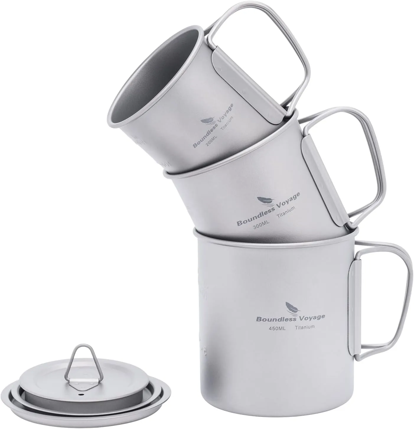 iBasingo Titanium Mug with Lid 200ml & 300ml & 450ml Tea Coffee Water Cup Outdoor Camping Pot Ultra-light Portable Hiking Backpacking Cooking Kit Picnic Tableware with Foldable Handle Ti3046D