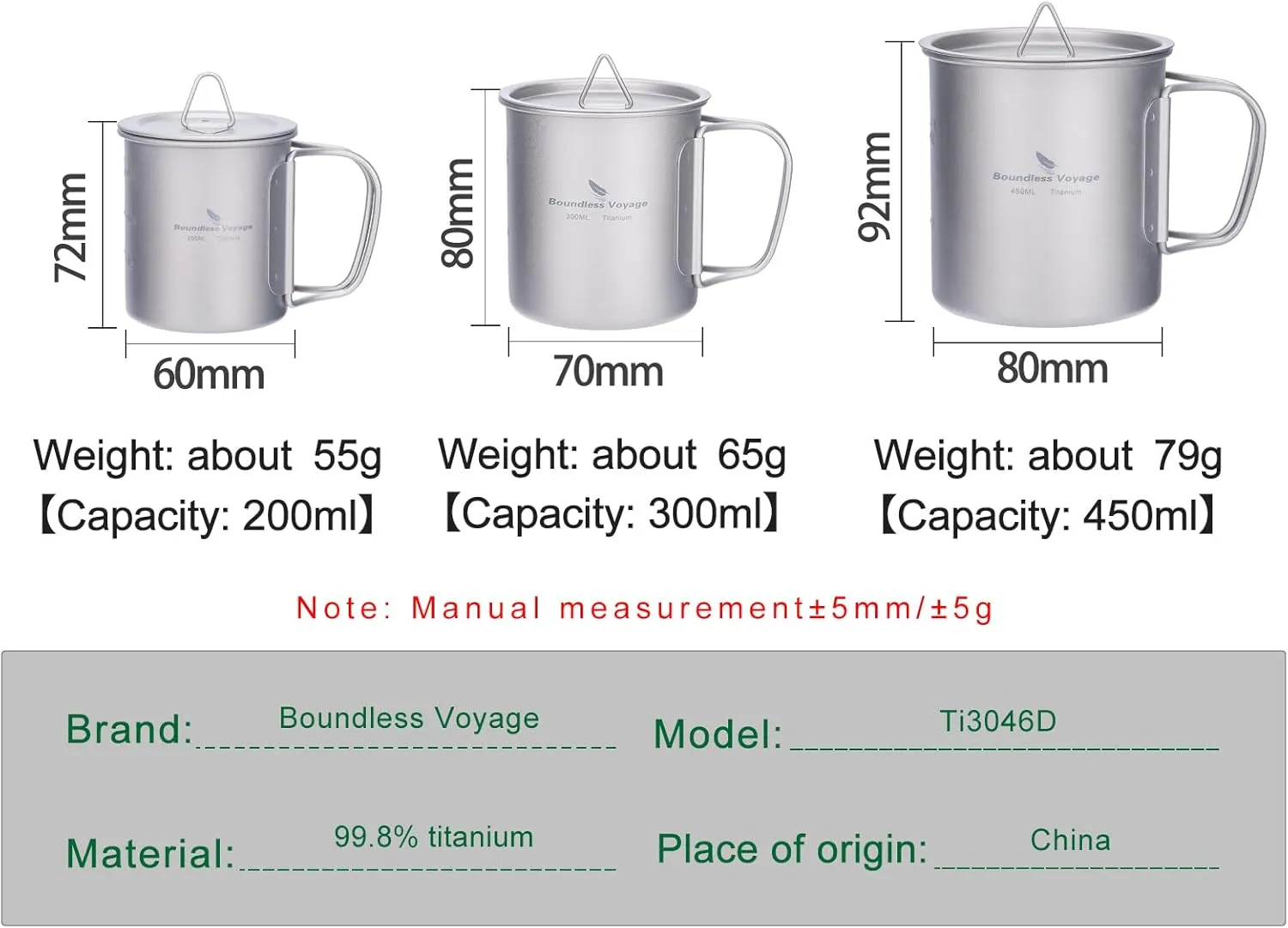 iBasingo Titanium Mug with Lid 200ml & 300ml & 450ml Tea Coffee Water Cup Outdoor Camping Pot Ultra-light Portable Hiking Backpacking Cooking Kit Picnic Tableware with Foldable Handle Ti3046D