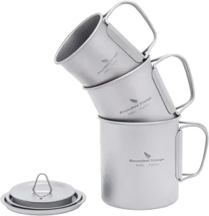iBasingo Titanium Mug with Lid 200ml & 300ml & 450ml Tea Coffee Water Cup Outdoor Camping Pot Ultra-light Portable Hiking Backpacking Cooking Kit Picnic Tableware with Foldable Handle Ti3046D
