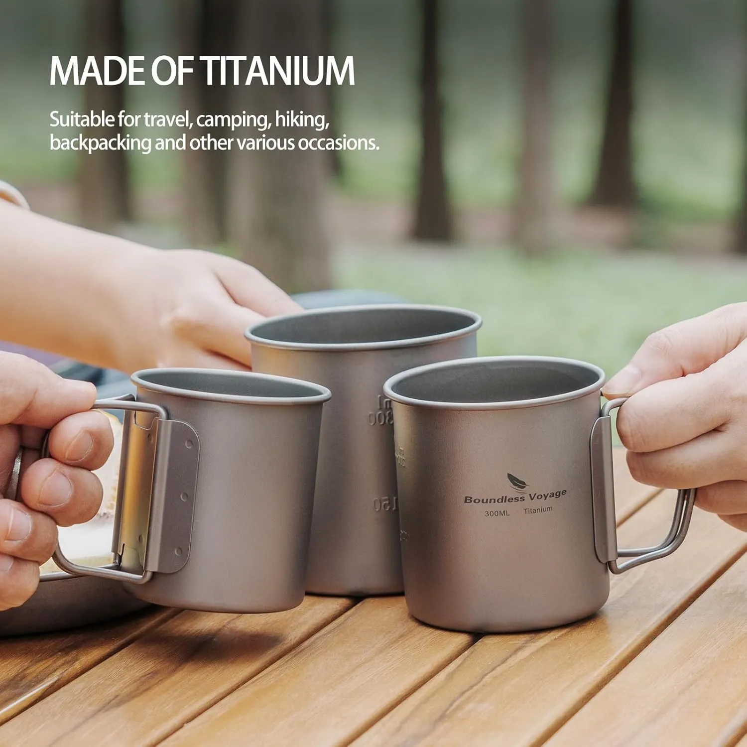 iBasingo Titanium Mug with Lid 200ml & 300ml & 450ml Tea Coffee Water Cup Outdoor Camping Pot Ultra-light Portable Hiking Backpacking Cooking Kit Picnic Tableware with Foldable Handle Ti3046D