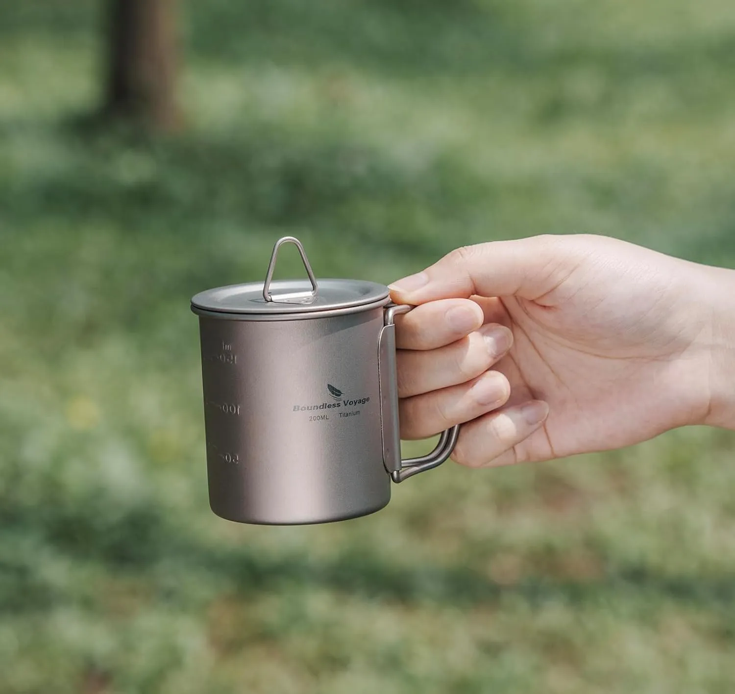 iBasingo Titanium Mug with Lid 200ml & 300ml & 450ml Tea Coffee Water Cup Outdoor Camping Pot Ultra-light Portable Hiking Backpacking Cooking Kit Picnic Tableware with Foldable Handle Ti3046D