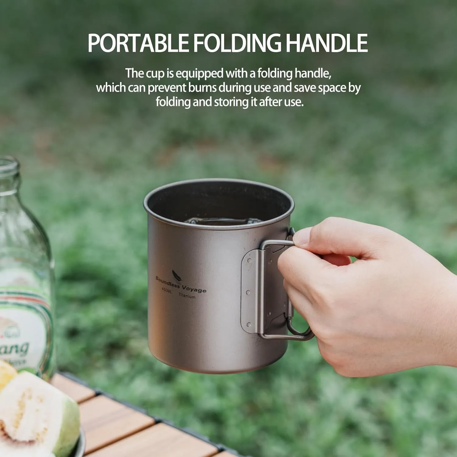 iBasingo Titanium Mug with Lid 200ml & 300ml & 450ml Tea Coffee Water Cup Outdoor Camping Pot Ultra-light Portable Hiking Backpacking Cooking Kit Picnic Tableware with Foldable Handle Ti3046D