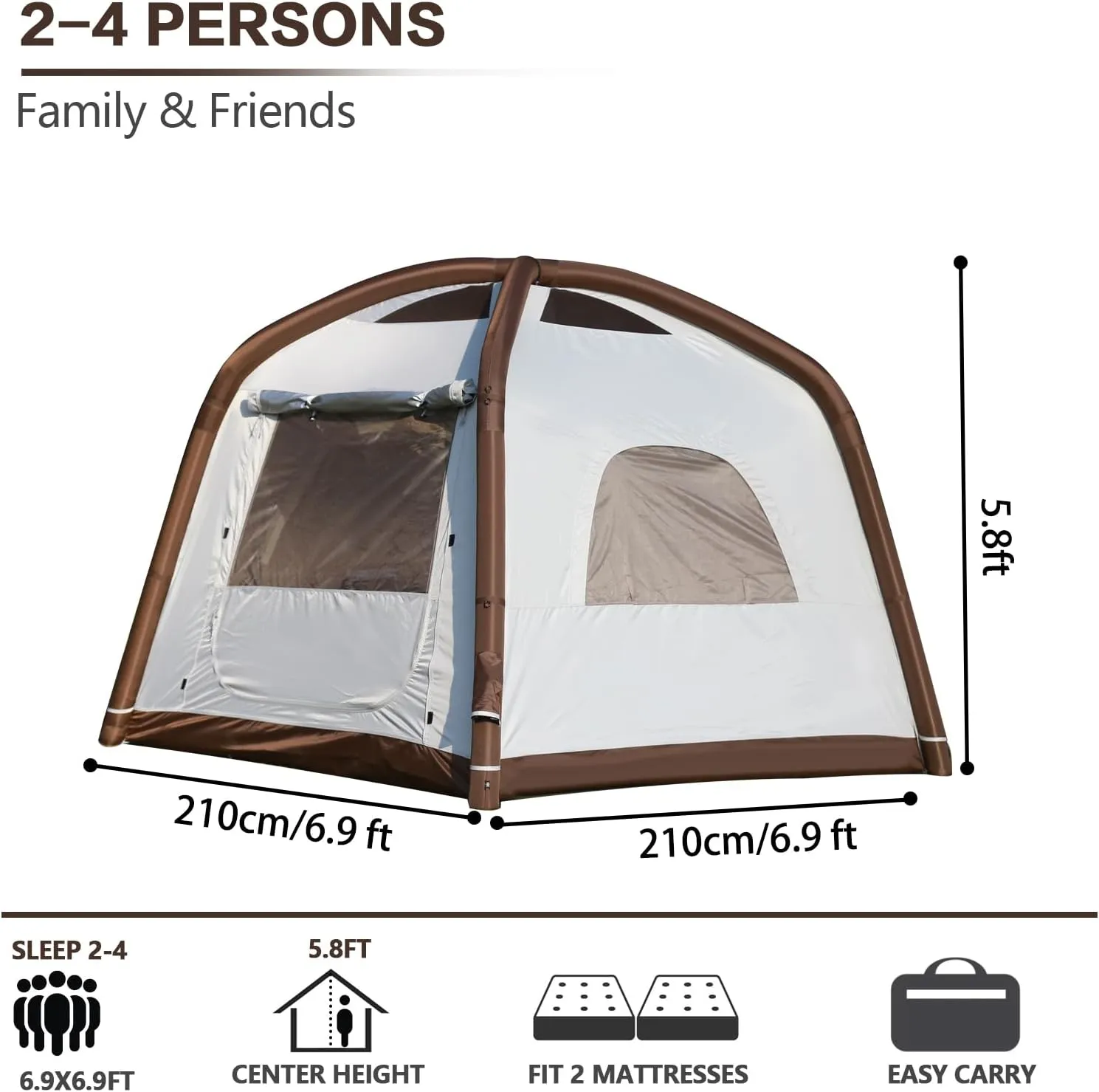 Inflatable Camping Tent, 2/4/6/8 Person Glamping Inflatable Tents for Camping, 2025 Update Zipper Door Easy Setup Blow Up Tents Big House with Rainfly&Mosquito Screen, 4 Season