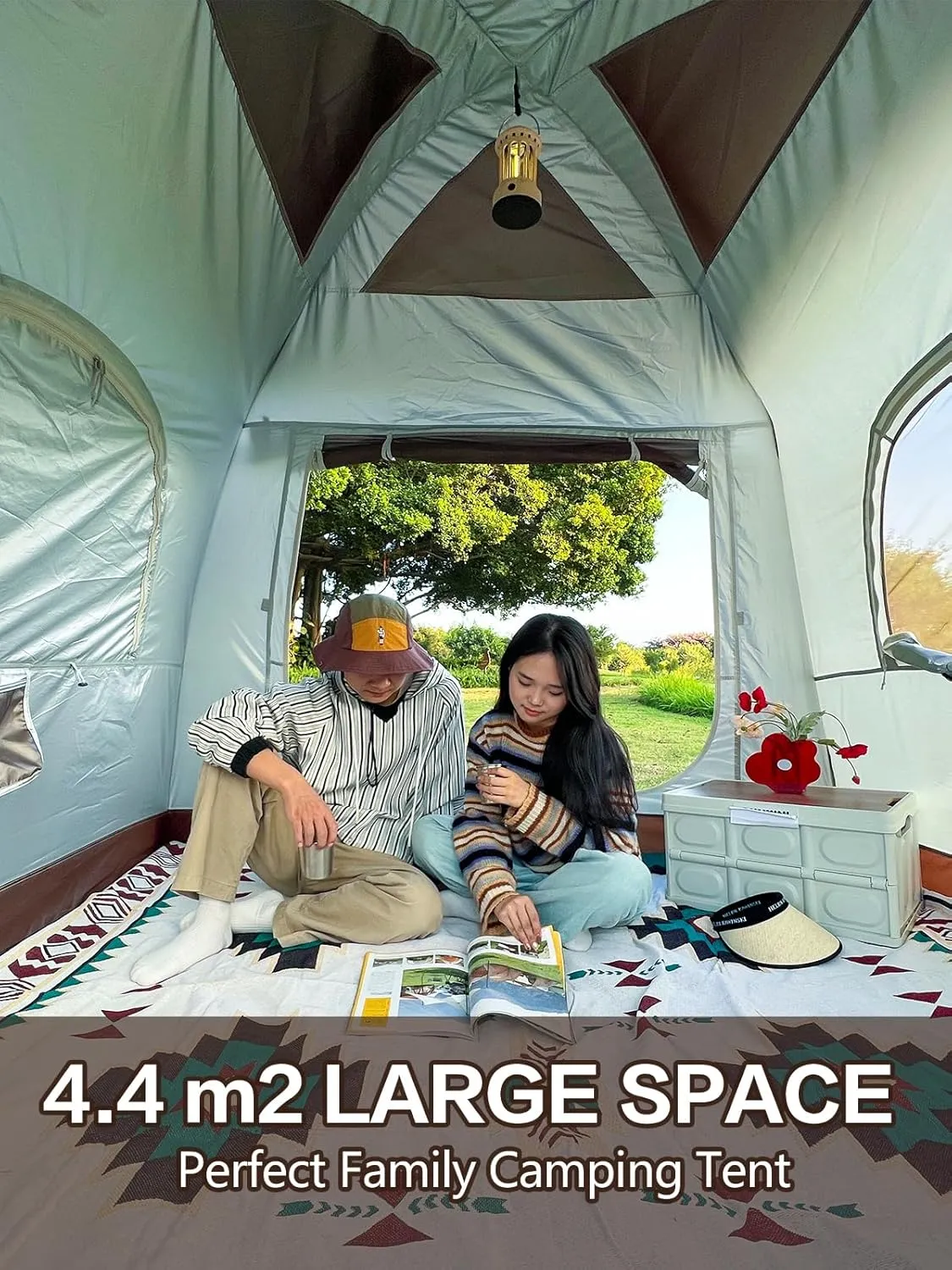 Inflatable Camping Tent, 2/4/6/8 Person Glamping Inflatable Tents for Camping, 2025 Update Zipper Door Easy Setup Blow Up Tents Big House with Rainfly&Mosquito Screen, 4 Season