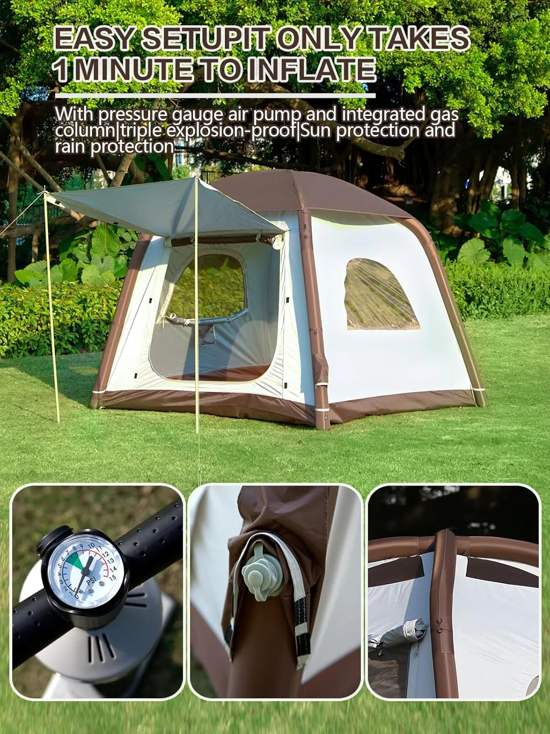 Inflatable Camping Tent, 2/4/6/8 Person Glamping Inflatable Tents for Camping, 2025 Update Zipper Door Easy Setup Blow Up Tents Big House with Rainfly&Mosquito Screen, 4 Season