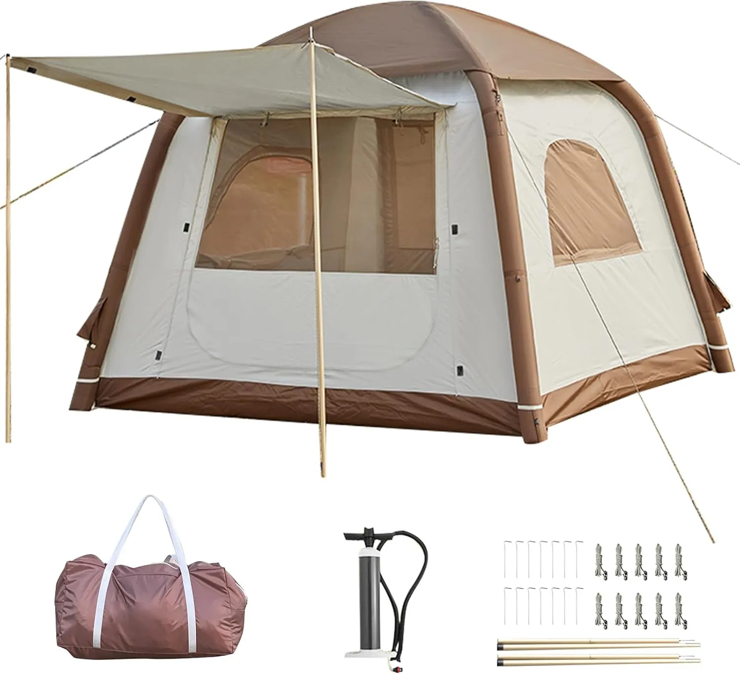 Inflatable Camping Tent, 2/4/6/8 Person Glamping Inflatable Tents for Camping, 2025 Update Zipper Door Easy Setup Blow Up Tents Big House with Rainfly&Mosquito Screen, 4 Season