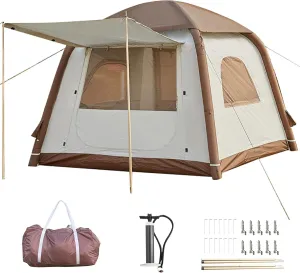 Inflatable Camping Tent, 2/4/6/8 Person Glamping Inflatable Tents for Camping, 2025 Update Zipper Door Easy Setup Blow Up Tents Big House with Rainfly&Mosquito Screen, 4 Season