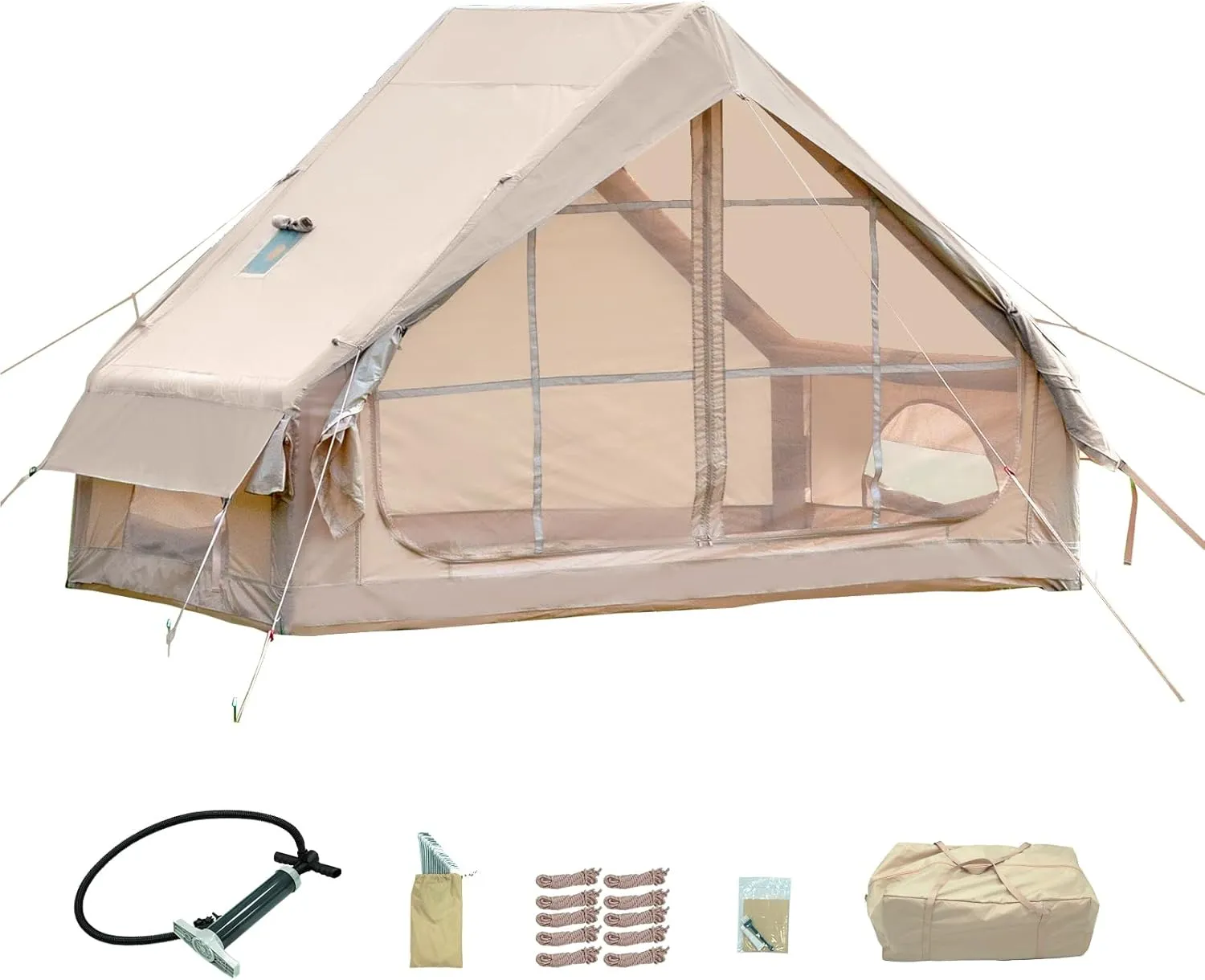 Inflatable Camping Tent with Hand Pump Waterproof Outdoor Blow up Tent 3-8 Person Oxford 4 Season Glamping Air Tent Cabin House with Mesh Windows & Door