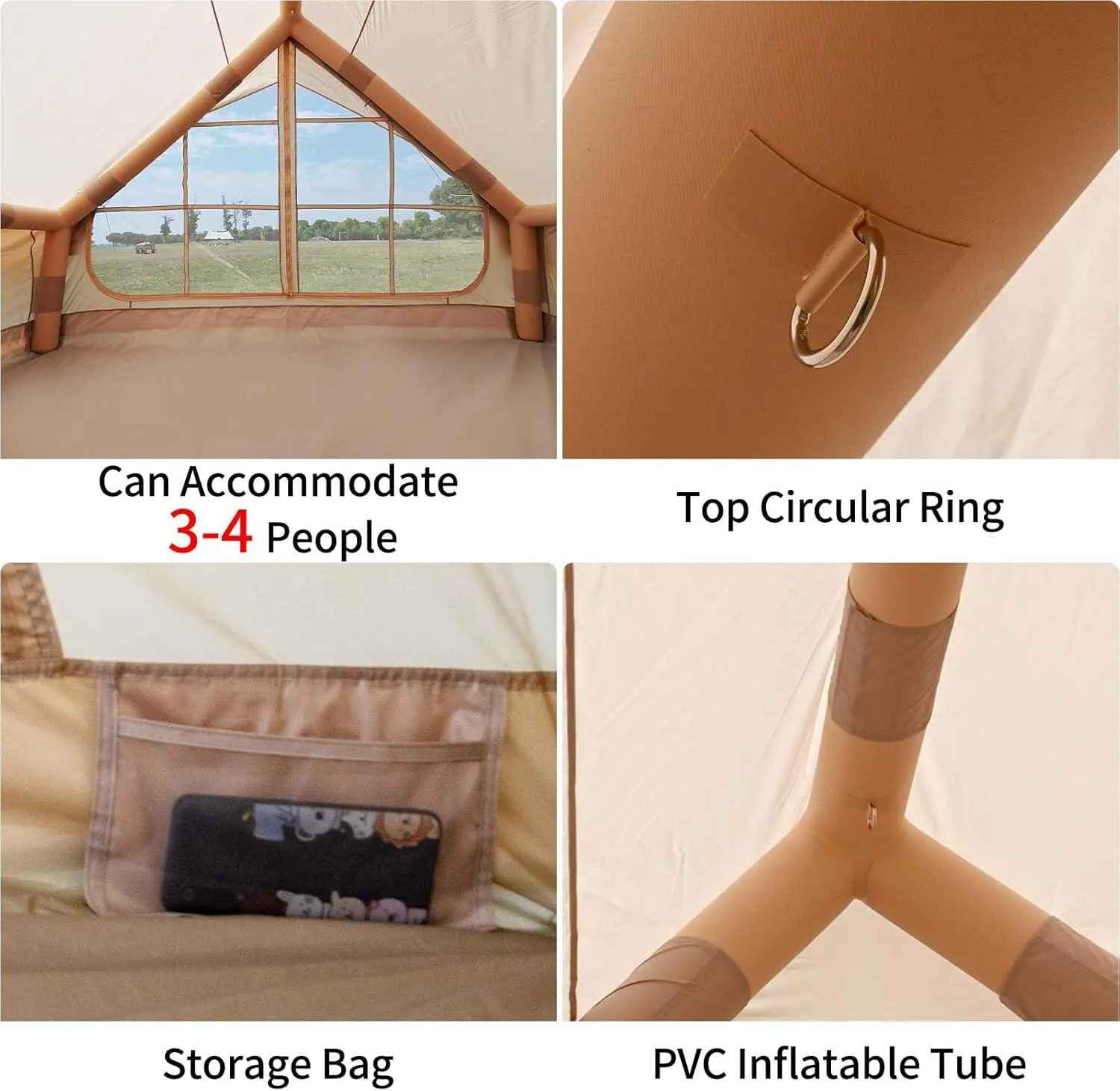 Inflatable Camping Tent with Hand Pump Waterproof Outdoor Blow up Tent 3-8 Person Oxford 4 Season Glamping Air Tent Cabin House with Mesh Windows & Door