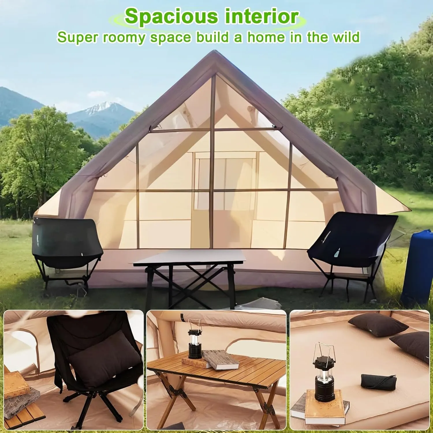 Inflatable Tents for Camping, 1-6 Person Blow-up Air Tent, Easy Setup Waterproof Windproof Cabin Tent, 4 Seasons Family Glamping House, Camping Essentials Beige 300cm