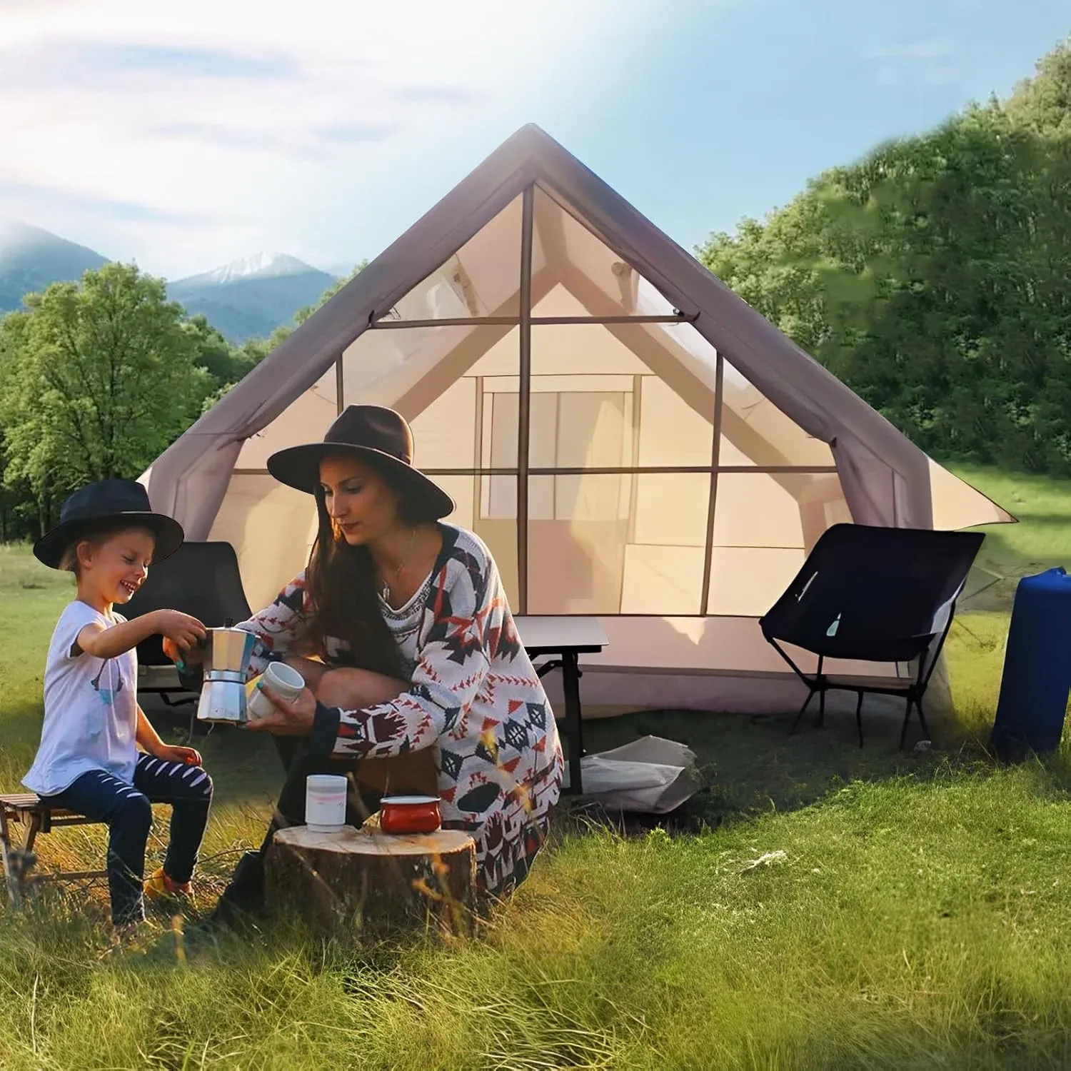 Inflatable Tents for Camping, 1-6 Person Blow-up Air Tent, Easy Setup Waterproof Windproof Cabin Tent, 4 Seasons Family Glamping House, Camping Essentials Beige 300cm