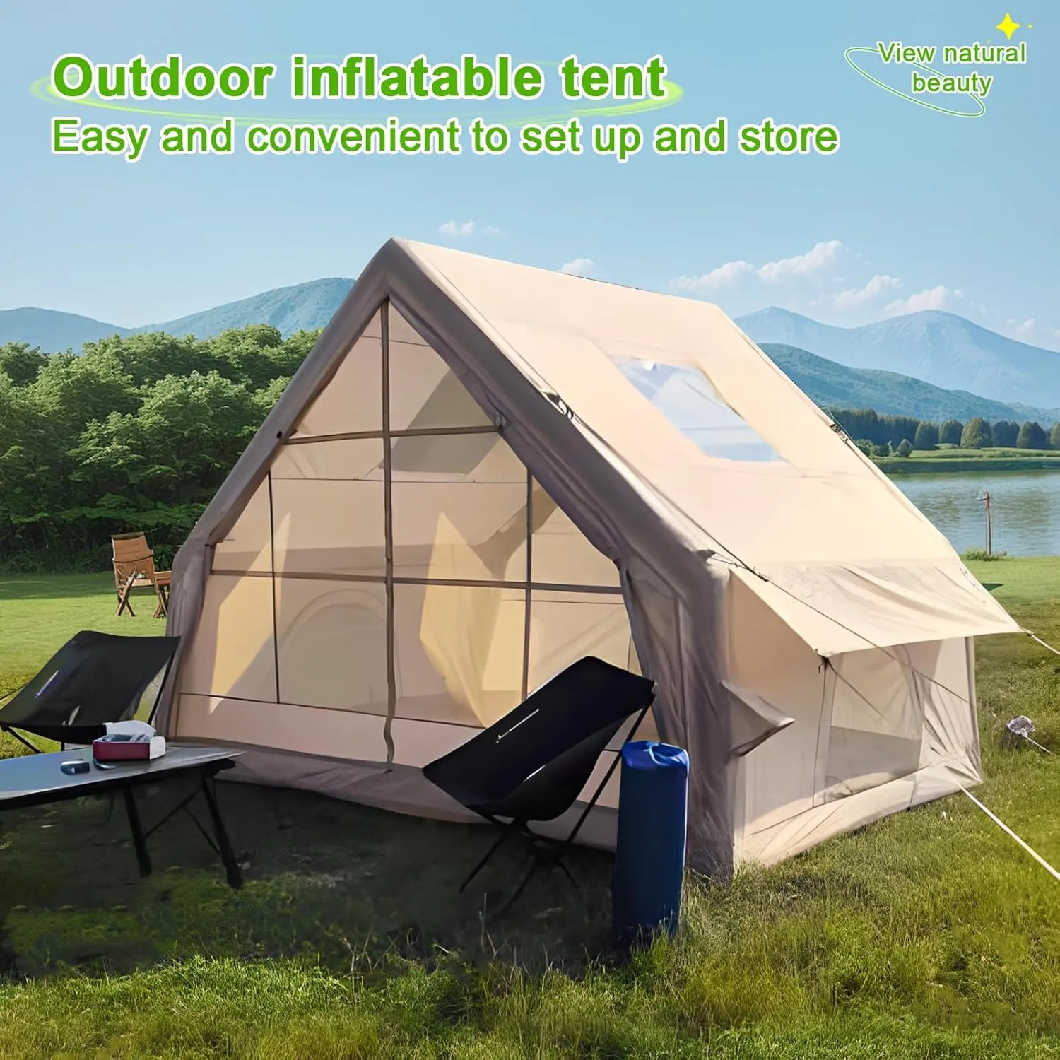 Inflatable Tents for Camping, 1-6 Person Blow-up Air Tent, Easy Setup Waterproof Windproof Cabin Tent, 4 Seasons Family Glamping House, Camping Essentials Beige 300cm