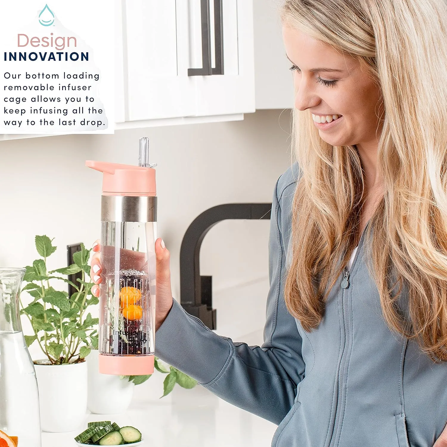 Infusion Pro Fruit Infuser Water Bottle with Straw Lid 24 oz : Flip-Up Straw : Insulated Sleeve & Fruit Infusion Water eBook : Bottom Loading Infuser for More Flavor - Orchid
